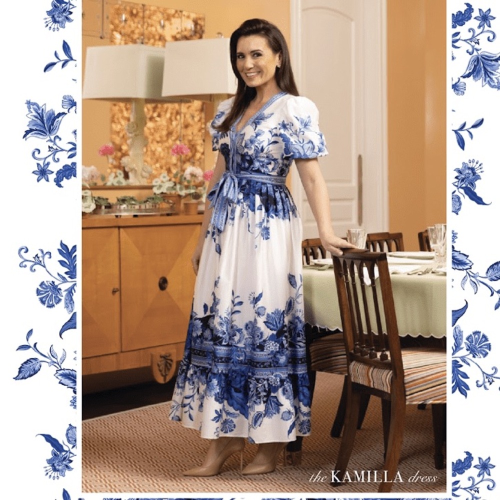 ANTONIO MELANI White Maxi Dress with Blue Floral Print